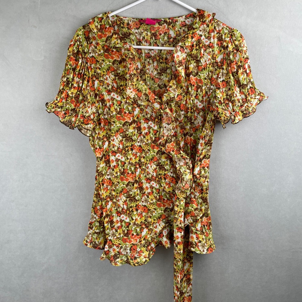 Sunny Leigh Floral Wrap Blouse Orange Green Ruffle Short Sleeve Tie Waist Boho M